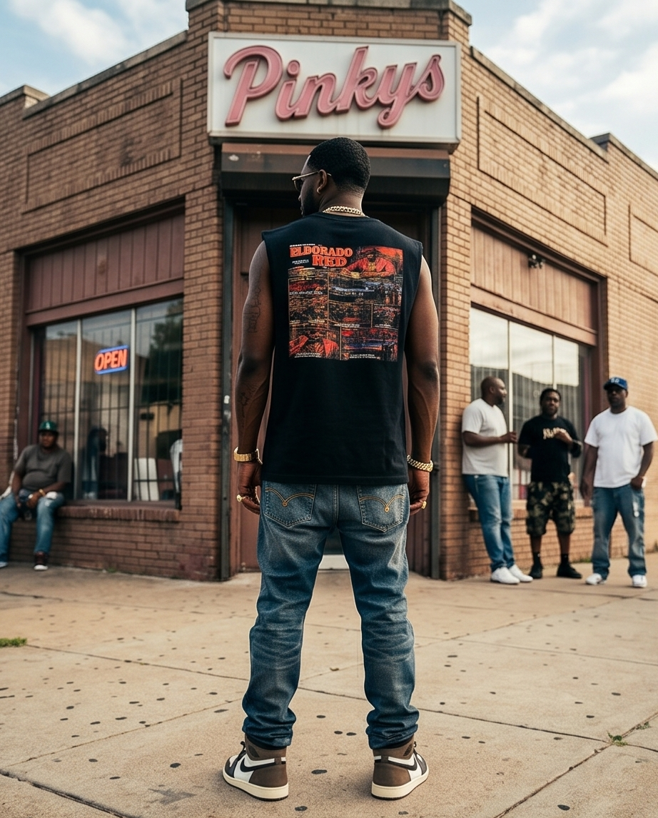 "The Eldorado Red Story" — Black Vintage Washed Oversized Tank Top (XL)