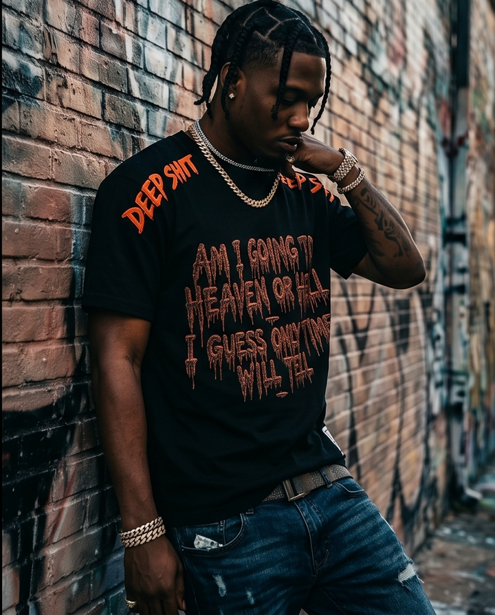 Horror Heaven or Hell T-Shirt - Heavyweight Black Tee in Unique Large Size, True to Fit - Demmi Godz Clothing Company