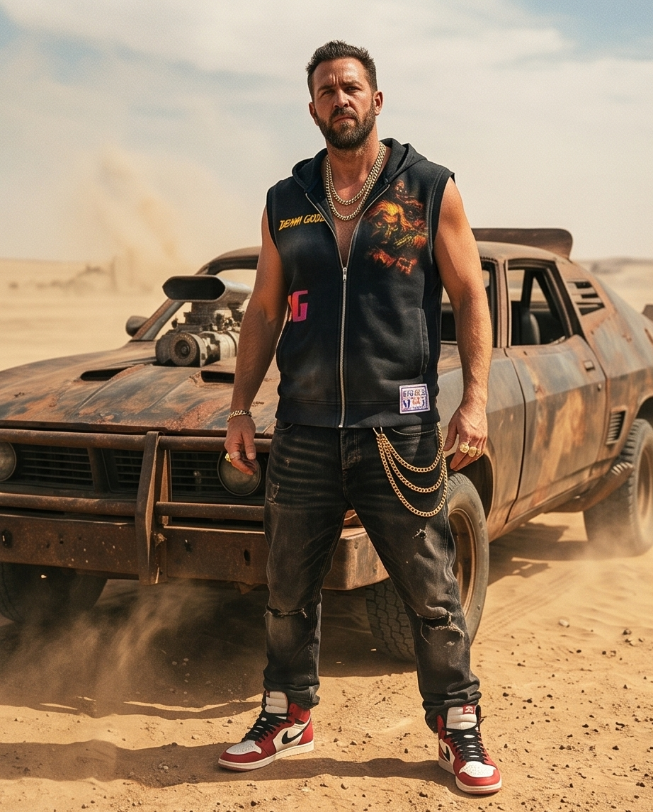 "Mad Max Swag" — Black Vintage Washed Oversized Zip-Up Hooded Tank Top (L)