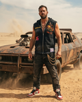 "Mad Max Swag" — Black Vintage Washed Oversized Zip-Up Hooded Tank Top (L)