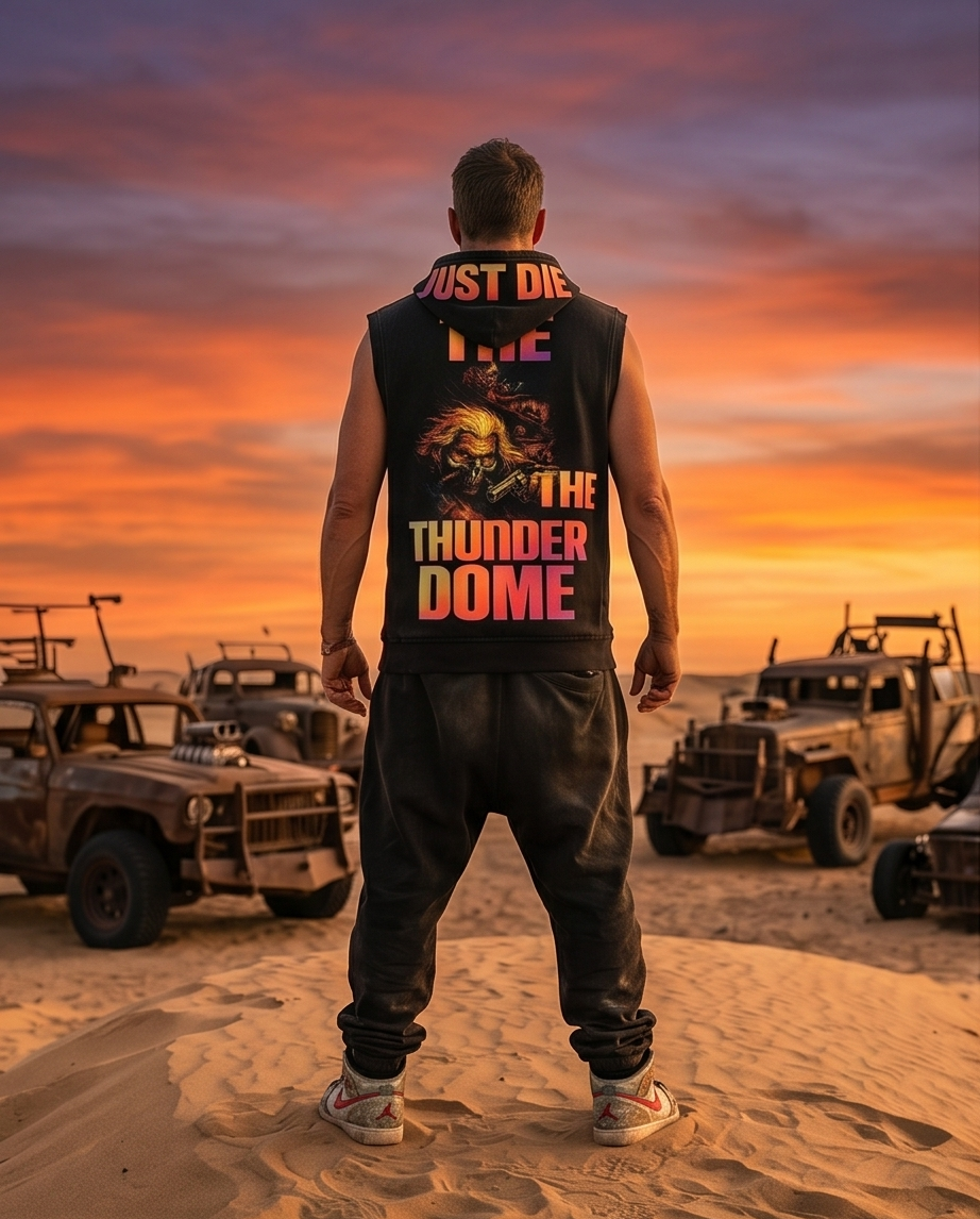 "Mad Max Swag" — Black Vintage Washed Oversized Zip-Up Hooded Tank Top (L)