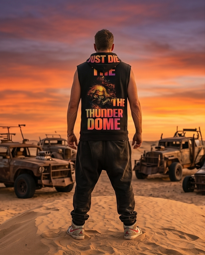 "Mad Max Swag" — Black Vintage Washed Oversized Zip-Up Hooded Tank Top (L)