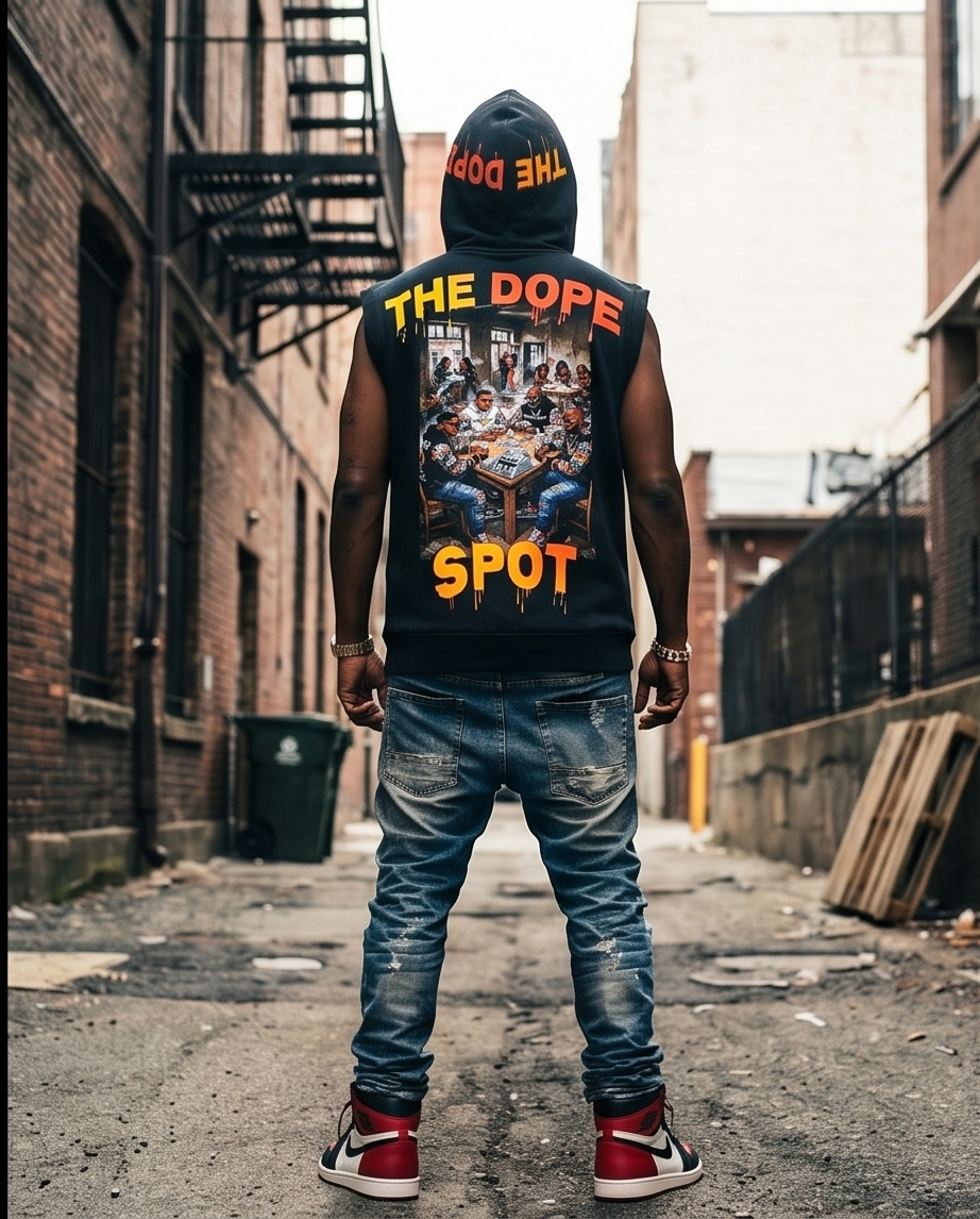 Vintage Washed Oversized Black Zip-Up Hooded Tank Top — XL — "The Dope Spot - Graphic Back"