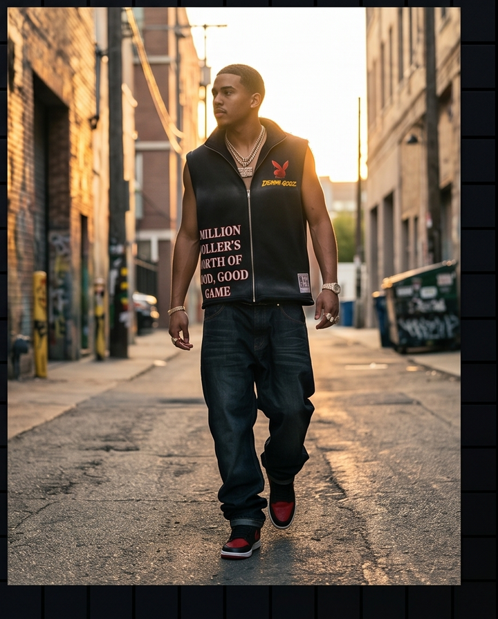 "Million Dollar Game" — Black Vintage-Washed Zip-Up Hooded Tank Top (XL) — Oversized