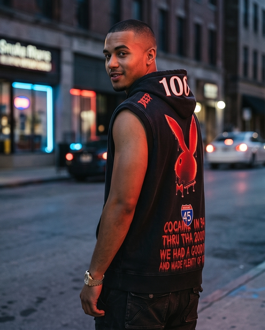 "Million Dollar Game" — Black Vintage-Washed Zip-Up Hooded Tank Top (XL) — Oversized