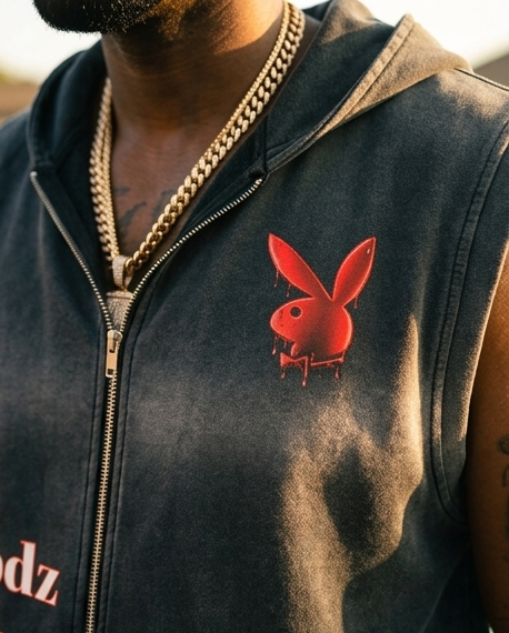 Vintage Washed Black Oversized Zip-Up Hooded Tank — Medium  “The Trap House” Graphic Back