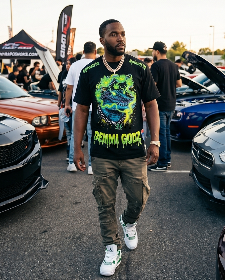 Neon Alligator Streetwear Tee - XLarge Heavy Cotton Black Graphic Tee for Men, True-to-Size - Demmi Godz Clothing Company
