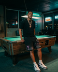 One-of-a-Kind Black Vintage Washed Streetwear Shorts — Large — "Purple Texas"