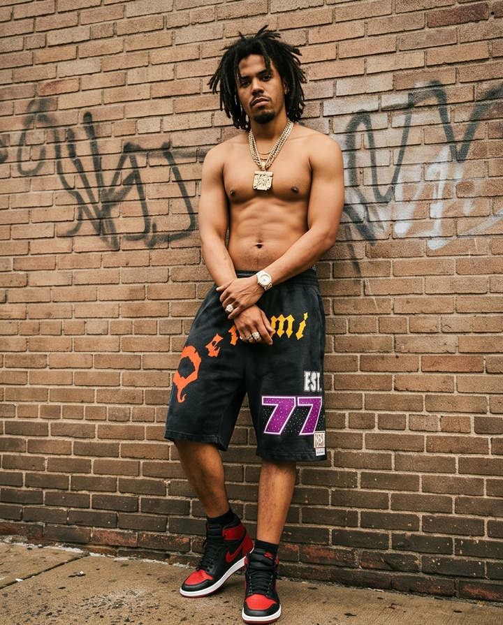 "Demmi Godz - 1977" Black Vintage Washed Rhinestone Shorts — Medium | One-of-a-Kind Streetwear