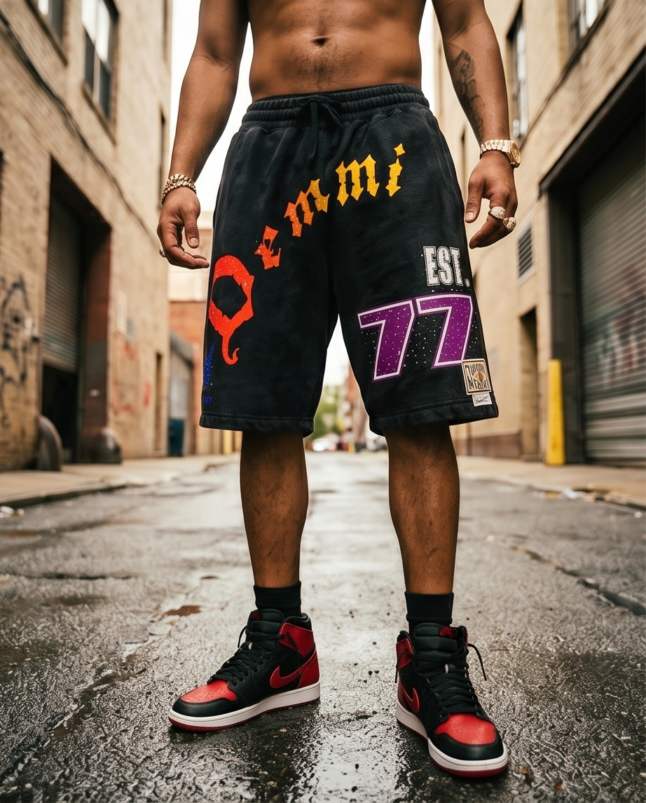 "Demmi Godz - 1977" Black Vintage Washed Rhinestone Shorts — Medium | One-of-a-Kind Streetwear