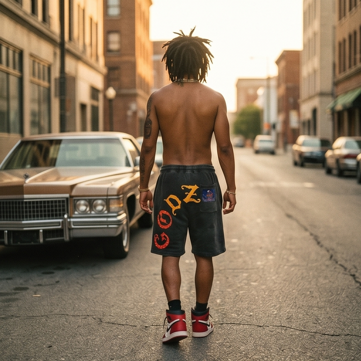 "Demmi Godz - 1977" Black Vintage Washed Rhinestone Shorts — Medium | One-of-a-Kind Streetwear