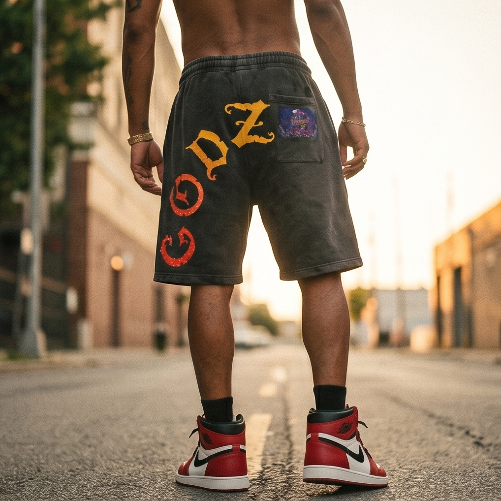 "Demmi Godz - 1977" Black Vintage Washed Rhinestone Shorts — Medium | One-of-a-Kind Streetwear