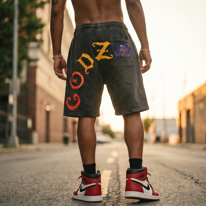 "Demmi Godz - 1977" Black Vintage Washed Rhinestone Shorts — Medium | One-of-a-Kind Streetwear