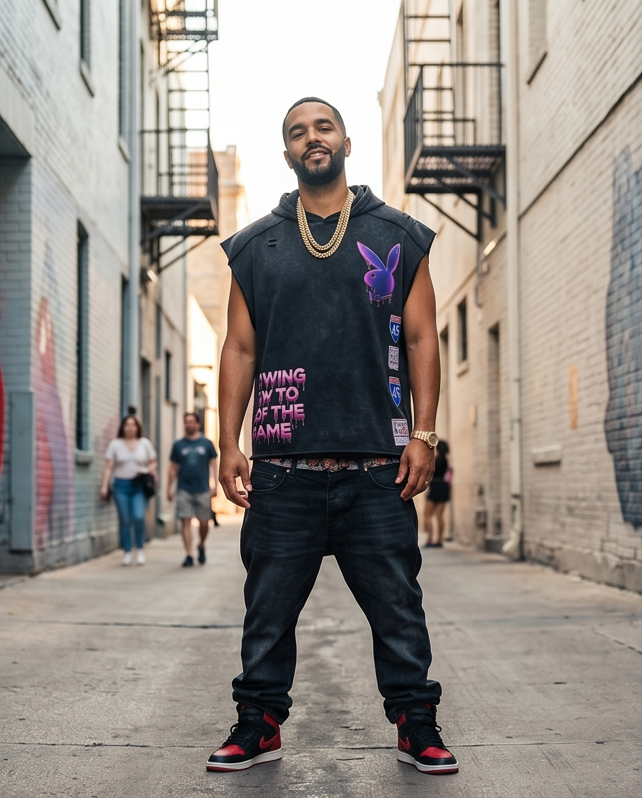 "Hustler Playboy Drip " — Black Snow-Washed Oversized Sleeveless Hoodie (XL)
