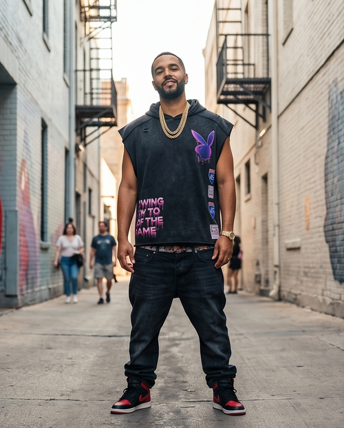 "Hustler Playboy Drip " — Black Snow-Washed Oversized Sleeveless Hoodie (XL)