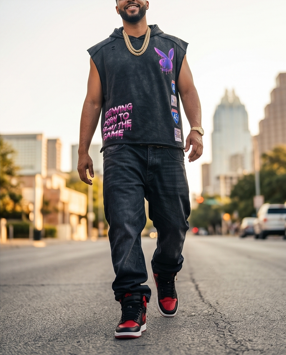 Hustler Playboy Drip Hoodie - Black Snow-Washed Oversized Sleeveless Style XL for Mens Hoodies Streetwear - Demmi Godz Clothing Company