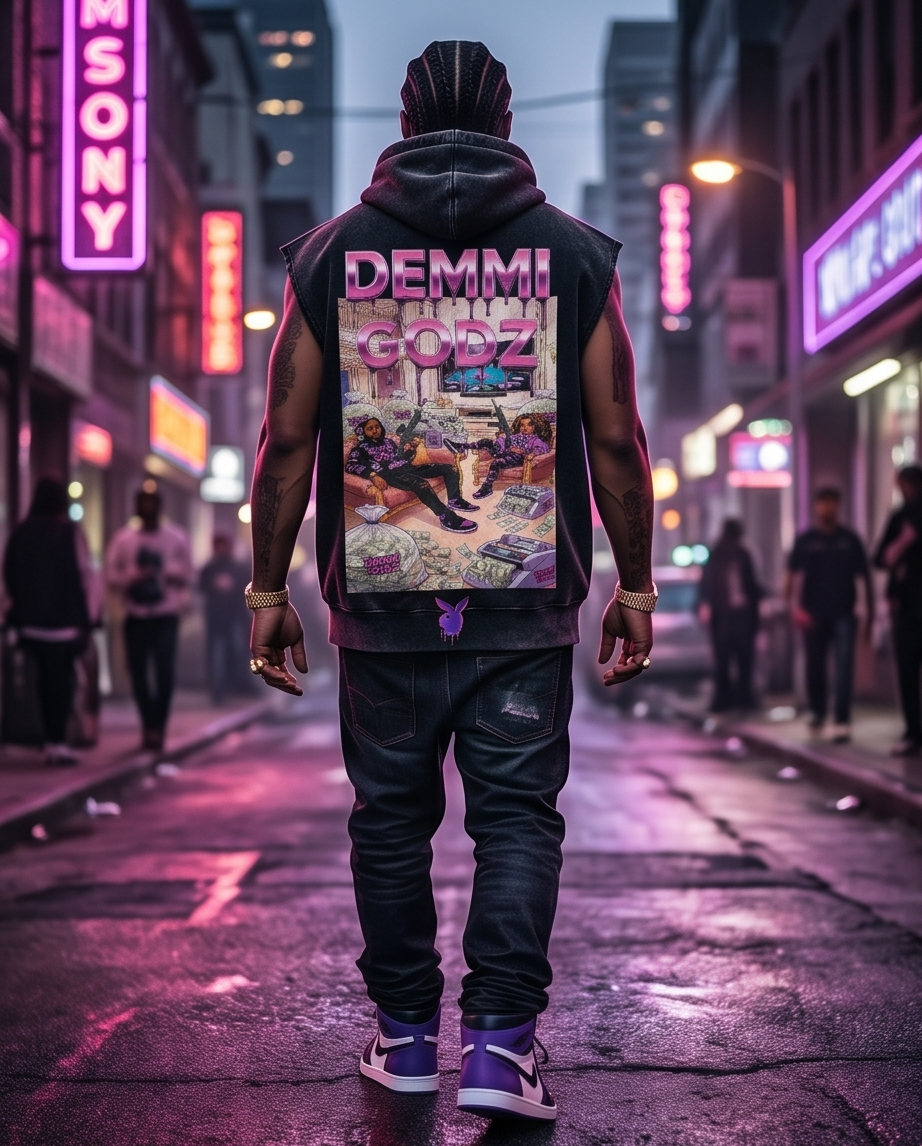 "Hustler Playboy Drip " — Black Snow-Washed Oversized Sleeveless Hoodie (XL)
