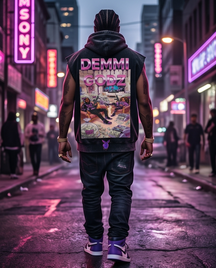 Hustler Playboy Drip Hoodie - Black Snow-Washed Oversized Sleeveless Style XL for Mens Hoodies Streetwear - Demmi Godz Clothing Company
