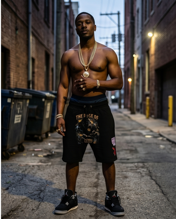 Rage of Demmi Godz - Stylish Black Urban Streetwear Shorts for Men and Mens Hoodies Streetwear - Demmi Godz Clothing Company