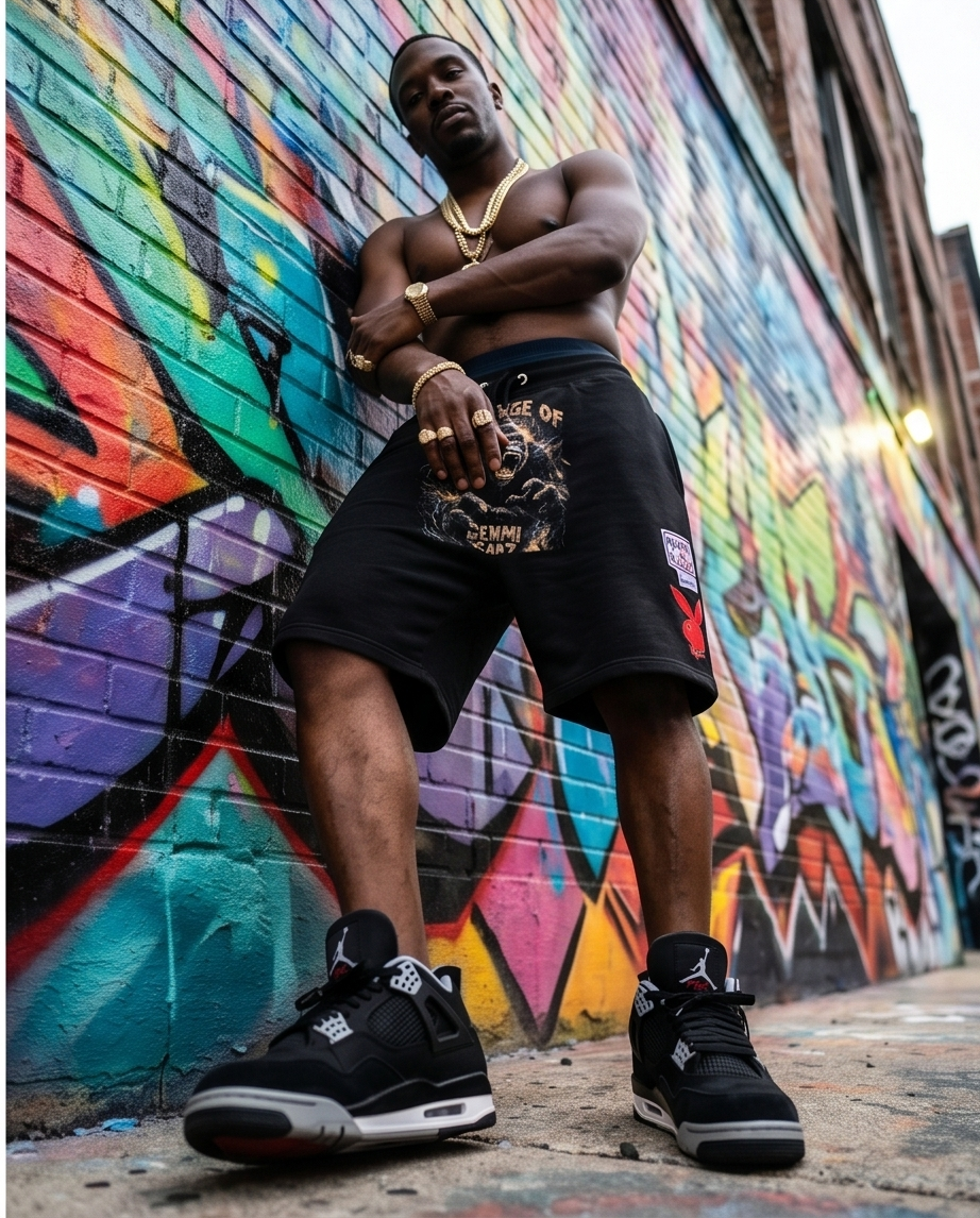 "Rage of Demmi Godz" — One-of-a-Kind Black Urban Streetwear Shorts (M)