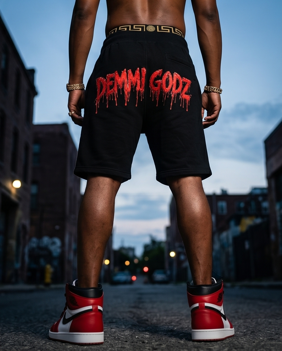 "Rage of Demmi Godz" — One-of-a-Kind Black Urban Streetwear Shorts (M)