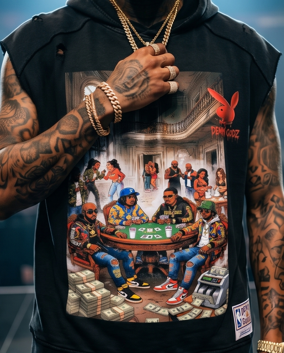 Hustlers Card Game — One‑of‑a‑Kind Oversized Black Sleeveless Hoodie (M) — Snow‑Washed
