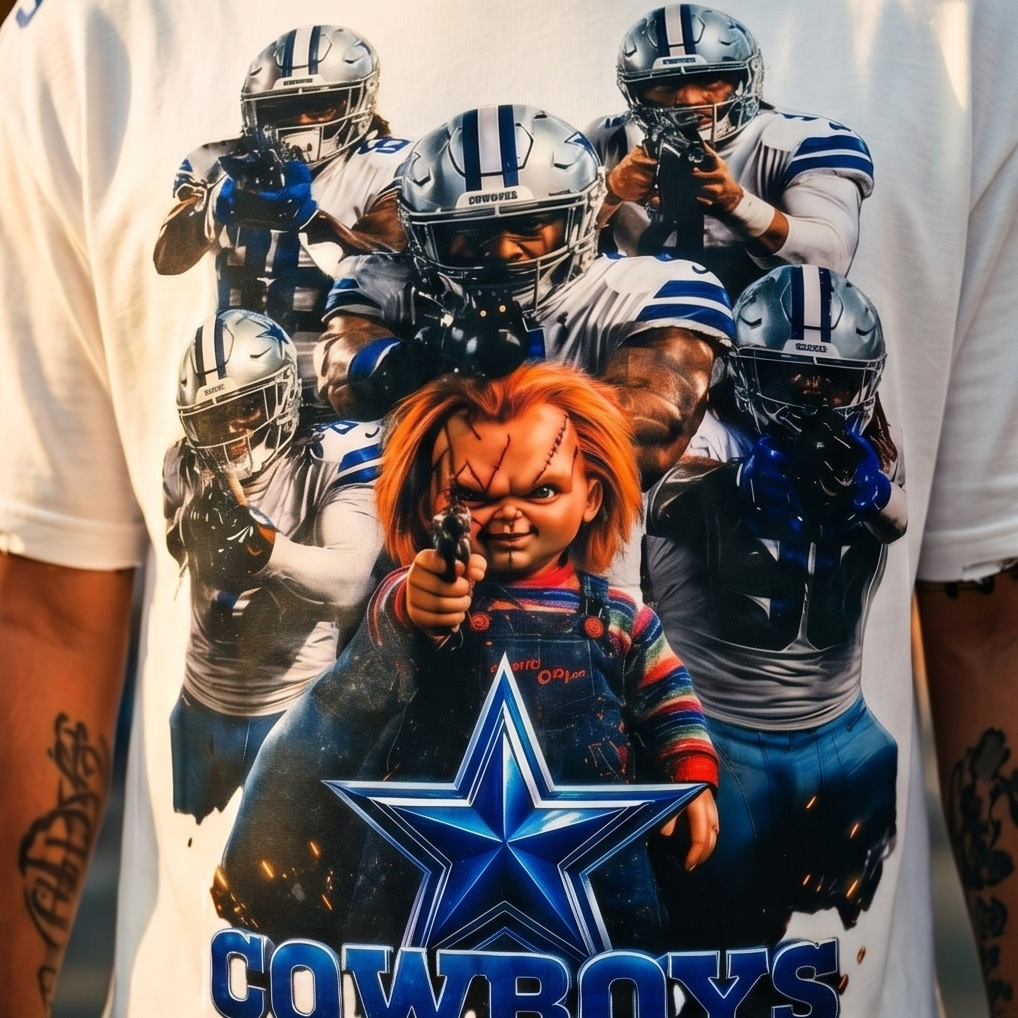 "Chucky With The Cowboys 2" — White Distressed Streetwear Tee (M) — One‑of‑a‑Kind
