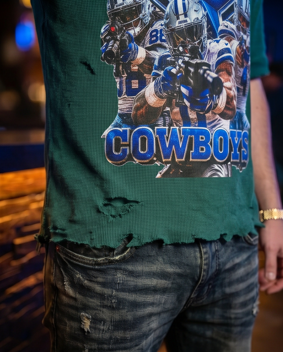 Green Heavyweight Waffle Knit T-Shirt for Men - Urban Streetwear Cowboys Attack - Distressed One-of-a-Kind Medium - Demmi Godz Clothing Company