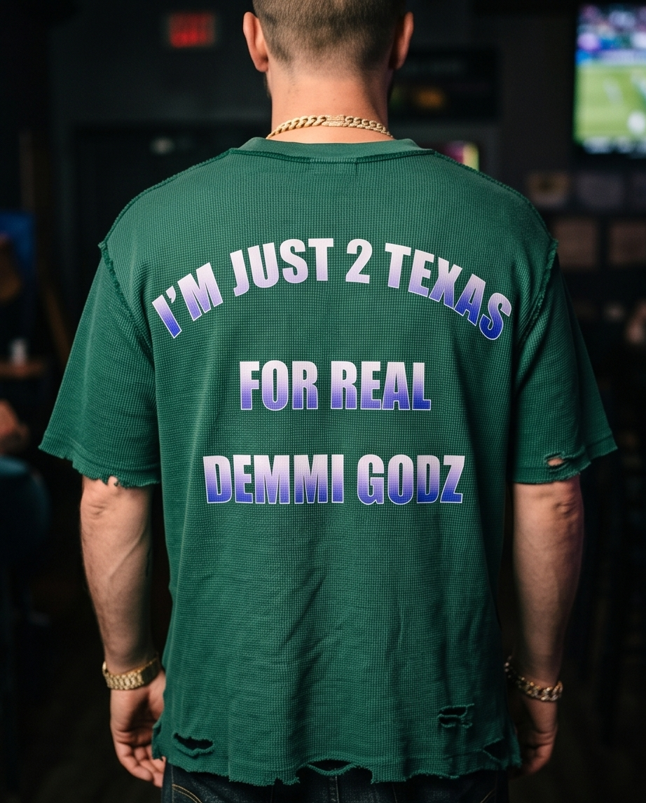 Green Waffle Knit Heavyweight T‑Shirt — Medium — Streetwear “Cowboys Attack” (One‑of‑a‑Kind, Distressed)