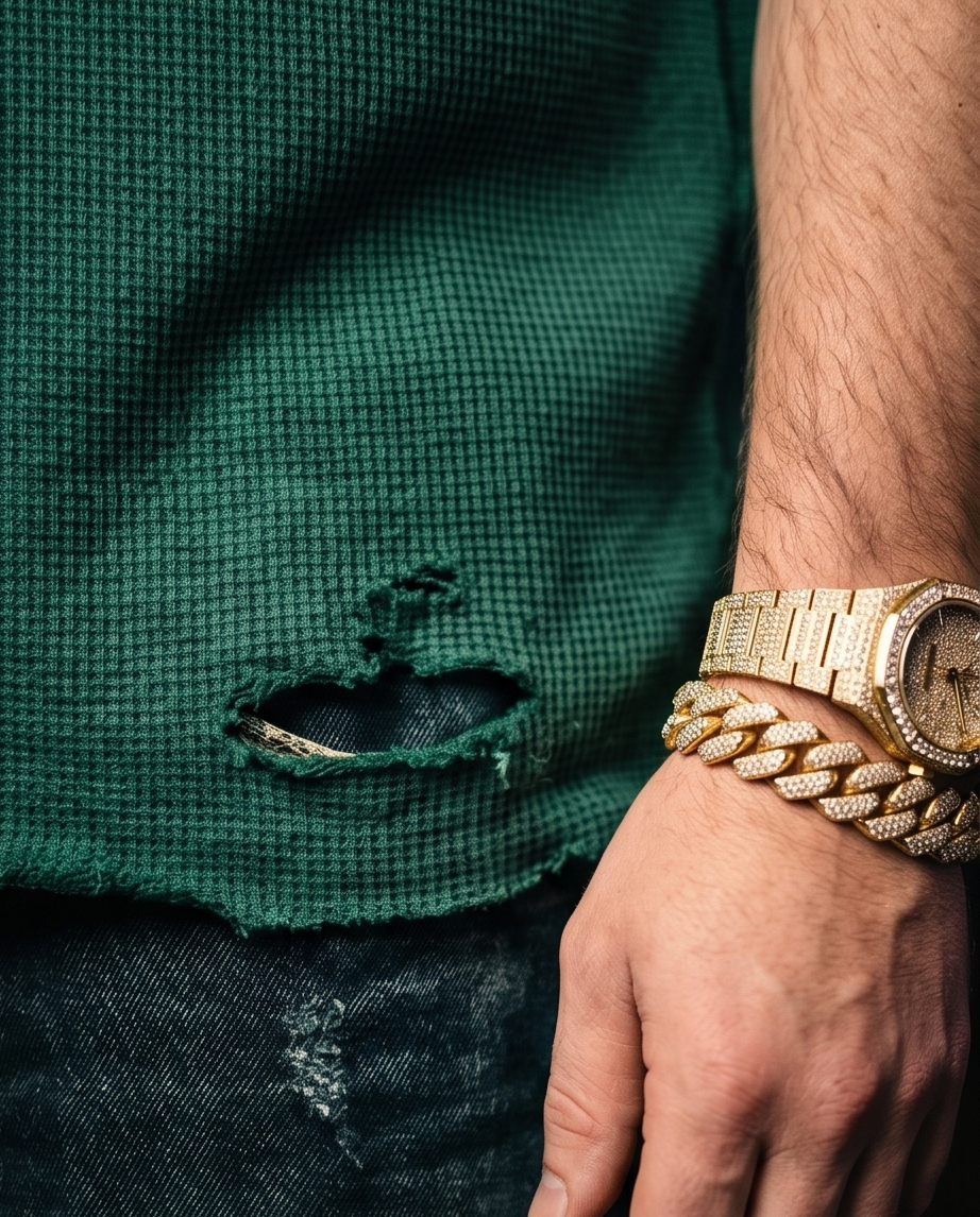 Green Waffle Knit Heavyweight T‑Shirt — Medium — Streetwear “Cowboys Attack” (One‑of‑a‑Kind, Distressed)