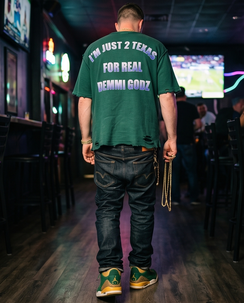 Green Waffle Knit Heavyweight T‑Shirt — Medium — Streetwear “Cowboys Attack” (One‑of‑a‑Kind, Distressed)