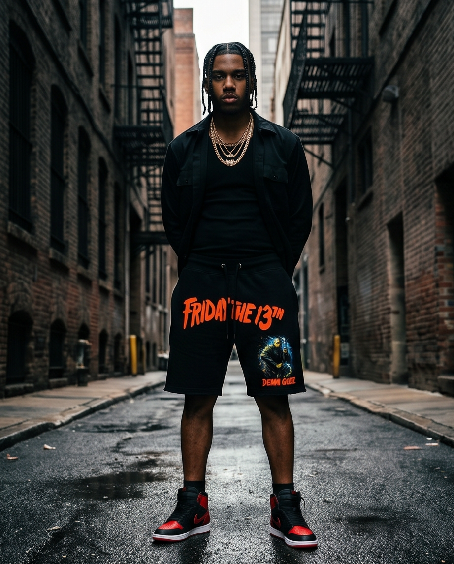 "Demmi Godz Friday 13th" — Black Heavyweight Streetwear Shorts (M) — One of a Kind