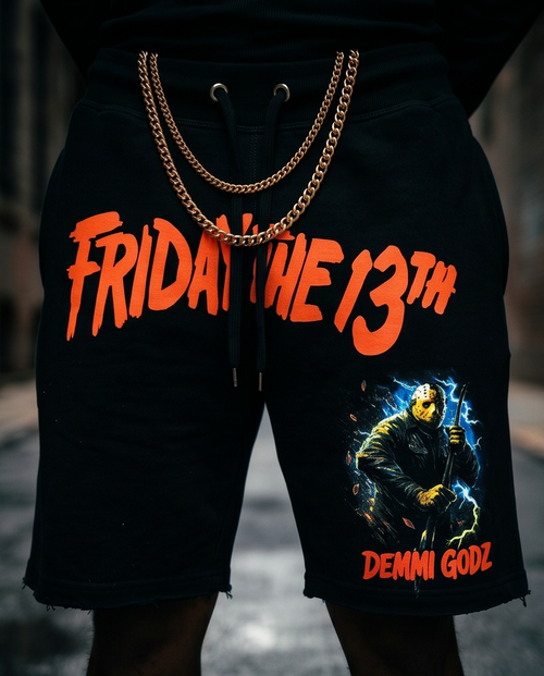 "Demmi Godz Friday 13th" — Black Heavyweight Streetwear Shorts (M) — One of a Kind