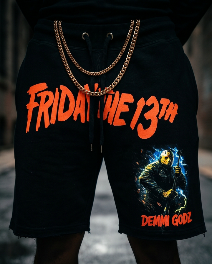 Demmi Godz Friday 13th Shorts - Black Heavyweight Streetwear Shorts (M) | Unique Men&