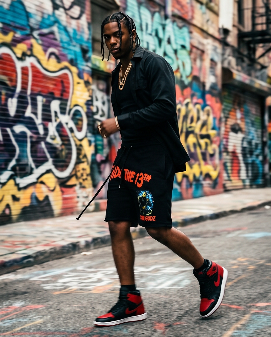 "Demmi Godz Friday 13th" — Black Heavyweight Streetwear Shorts (M) — One of a Kind