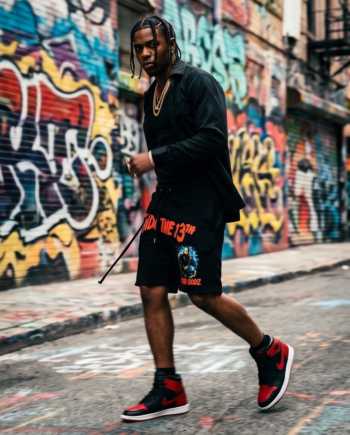 Demmi Godz Friday 13th Shorts - Black Heavyweight Streetwear Shorts (M) | Unique Men&