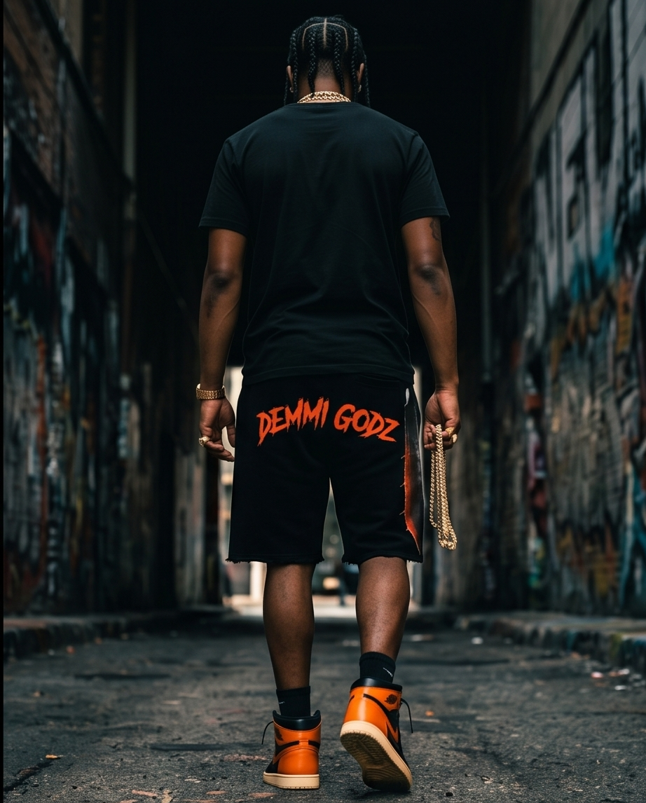 "Demmi Godz Friday 13th" — Black Heavyweight Streetwear Shorts (M) — One of a Kind