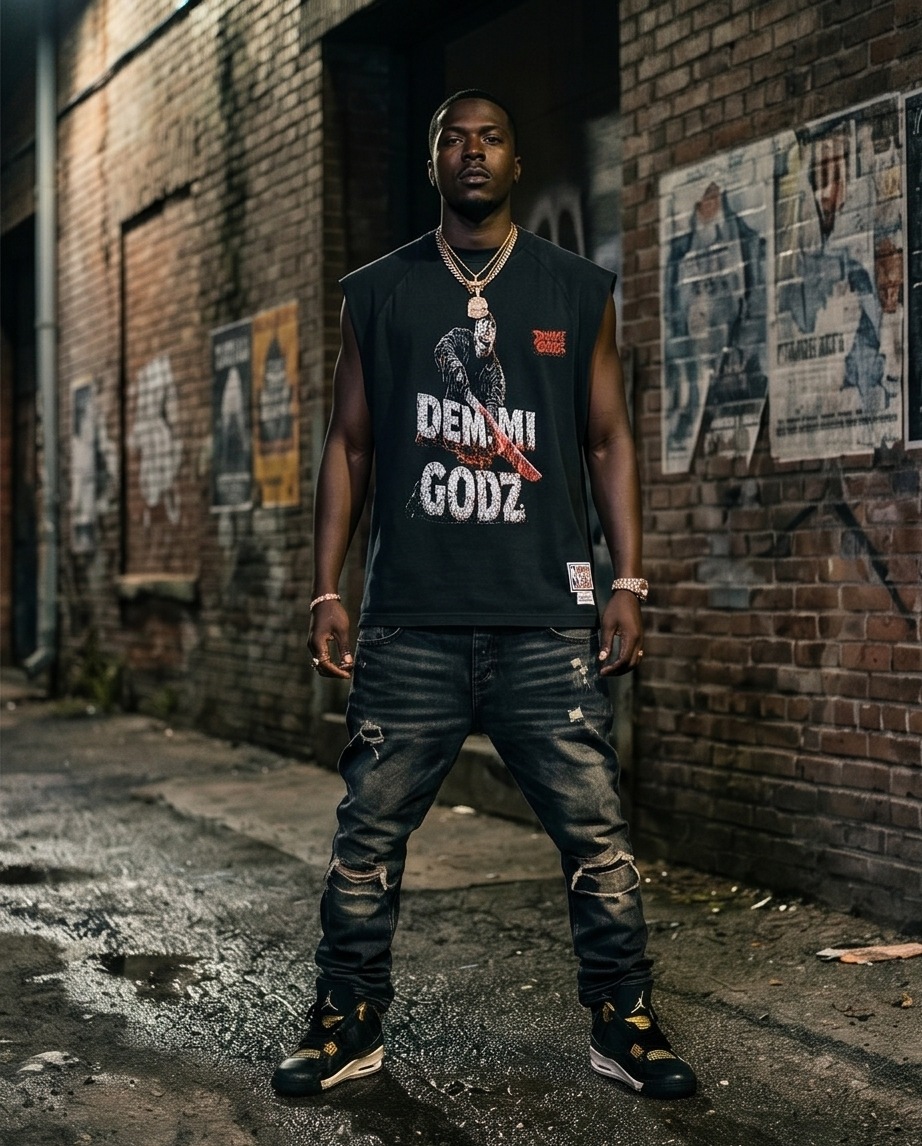 Black Snow Washed Men’s Cut-Off Shirt —  Oversized XLarge — “Slashing Demmi Godz”