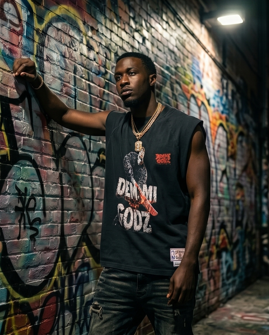 Black Snow Washed Men’s Cut-Off Shirt —  Oversized XLarge — “Slashing Demmi Godz”