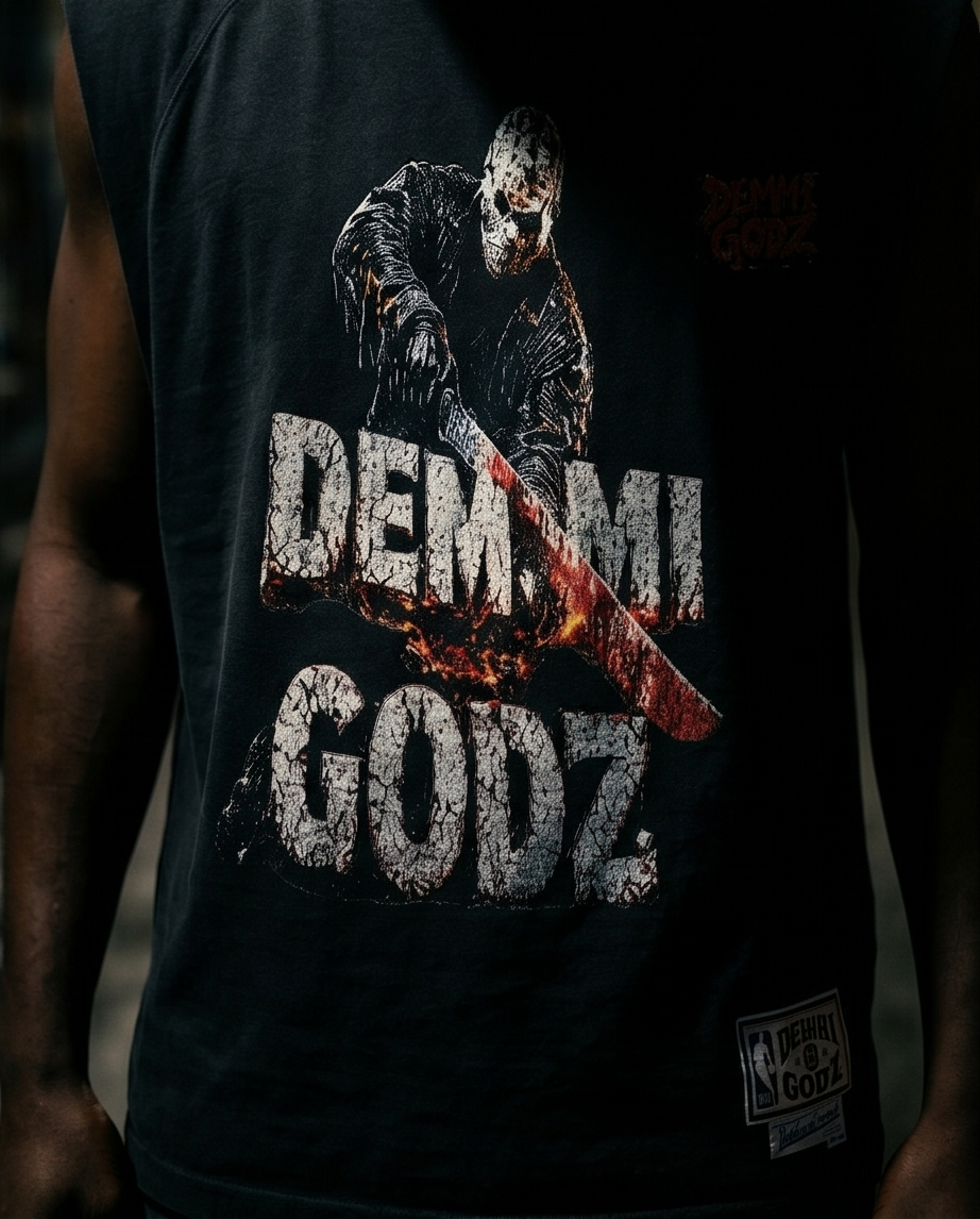 Black Snow Washed Men’s Cut-Off Shirt —  Oversized XLarge — “Slashing Demmi Godz”