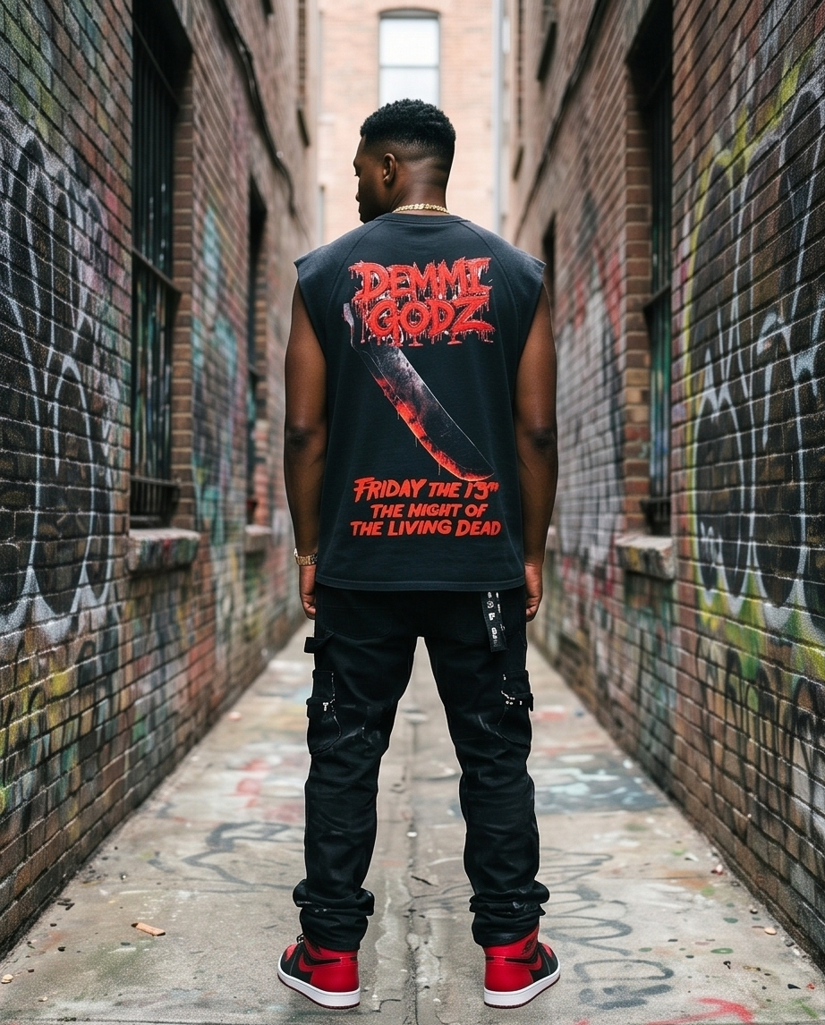 Black Snow Washed Men’s Cut-Off Shirt —  Oversized XLarge — “Slashing Demmi Godz”