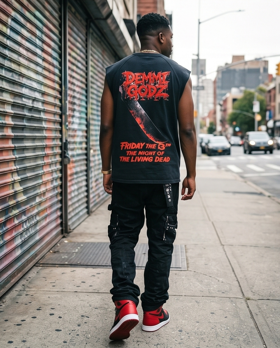 Black Snow Washed Men’s Cut-Off Shirt —  Oversized XLarge — “Slashing Demmi Godz”