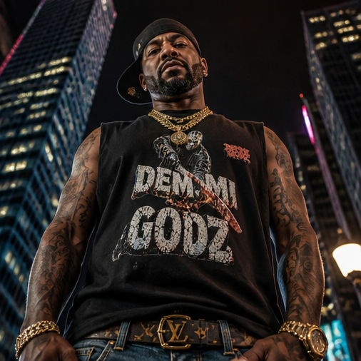 Black Snow Washed Cut-Off Shirt for Men - Medium Oversized Urban Casual Wear “Slashing Demmi Godz” - Demmi Godz Clothing Company