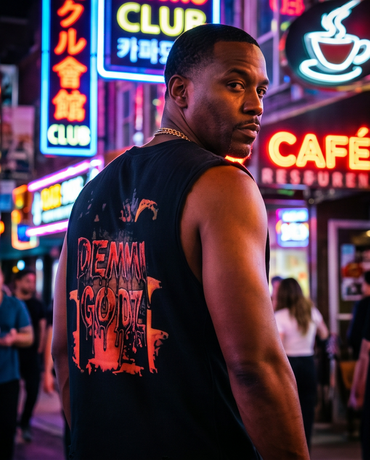 Black Oversized Distressed Tank Top - Snow-Washed Raw-Hem Design - Chucky’s Caddy - Unique Urban Casual Wear (Size M) - Demmi Godz Clothing Company