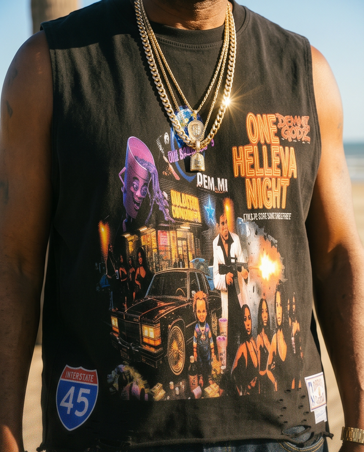 Black Snow Washed Distressed Black Oversized Tank Top for Urban Casual Wear - One Helleva Night (Medium) - Demmi Godz Clothing Company