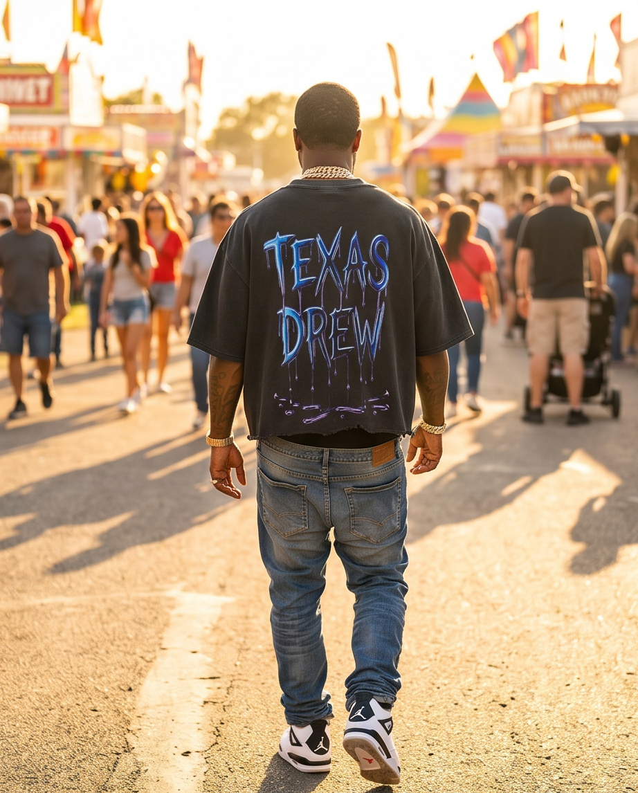 Black Snow Washed Oversized Crop Tee — Size L — “Texas Drew Blood” — One‑of‑a‑Kind Streetwear
