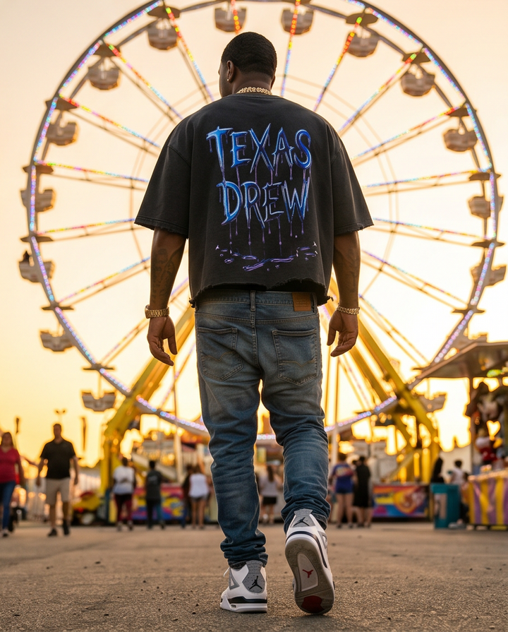 Black Oversized Crop Tee - Unique Snow Washed Texas Drew Blood Urban T Shirt for Men Size L - Demmi Godz Clothing Company