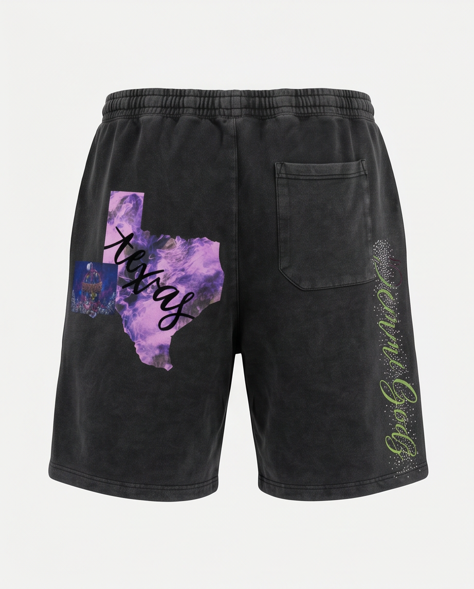 One-of-a-Kind Black Vintage Washed Streetwear Shorts — Large — "Purple Texas"