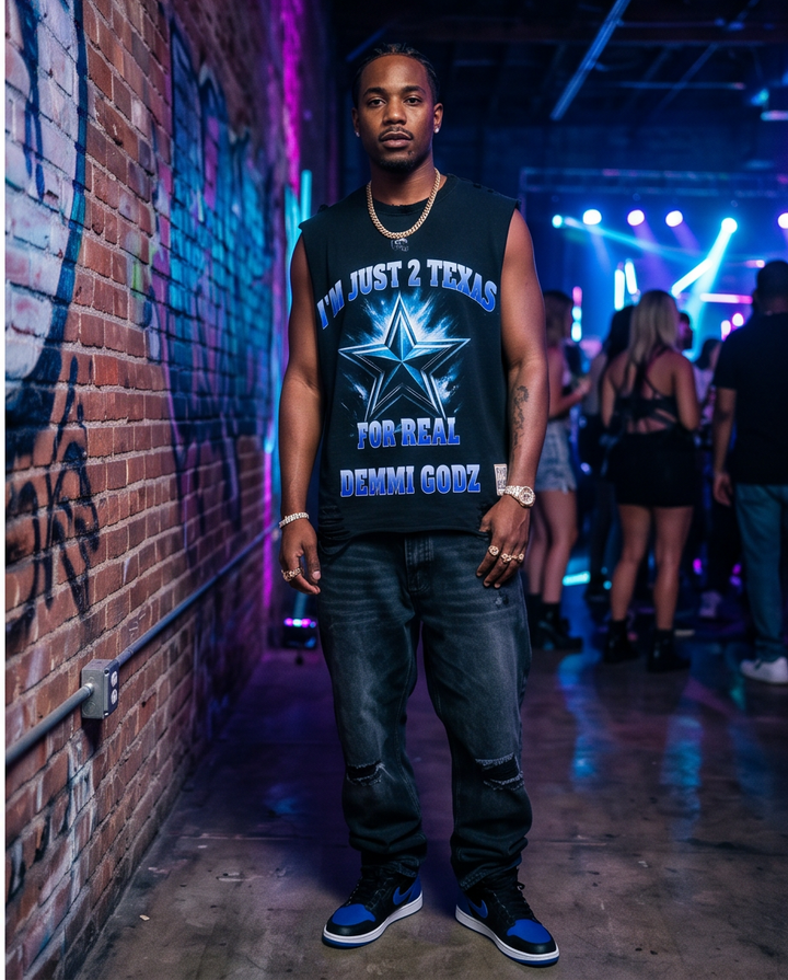 Chucky Cowboys Tank Top - Unique Black Snow-Washed Raw-Hem Tank for Urban Casual Wear (L) - Demmi Godz Clothing Company