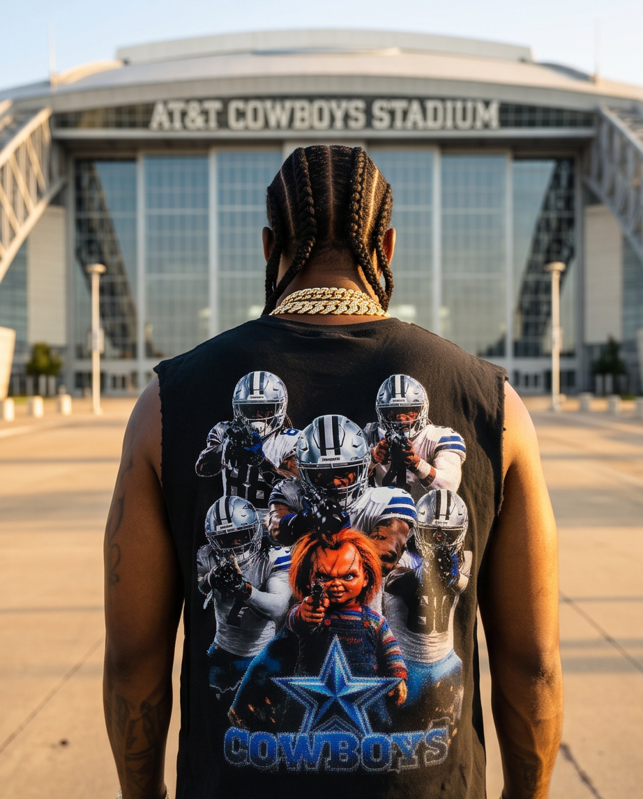 "Chucky With The Cowboys" — One-of-a-Kind Black Snow-Washed Raw-Hem Tank (L)